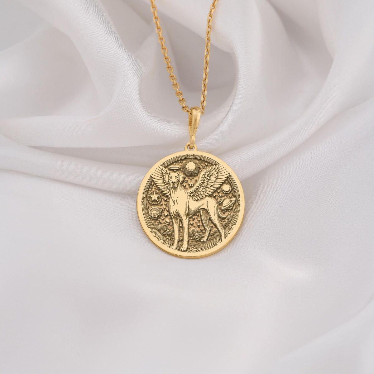 Doberman Angel Medallion Pet Memorial Necklace Necklaces 14K 14K Gold Plated winged sphinx pendant necklace with star details