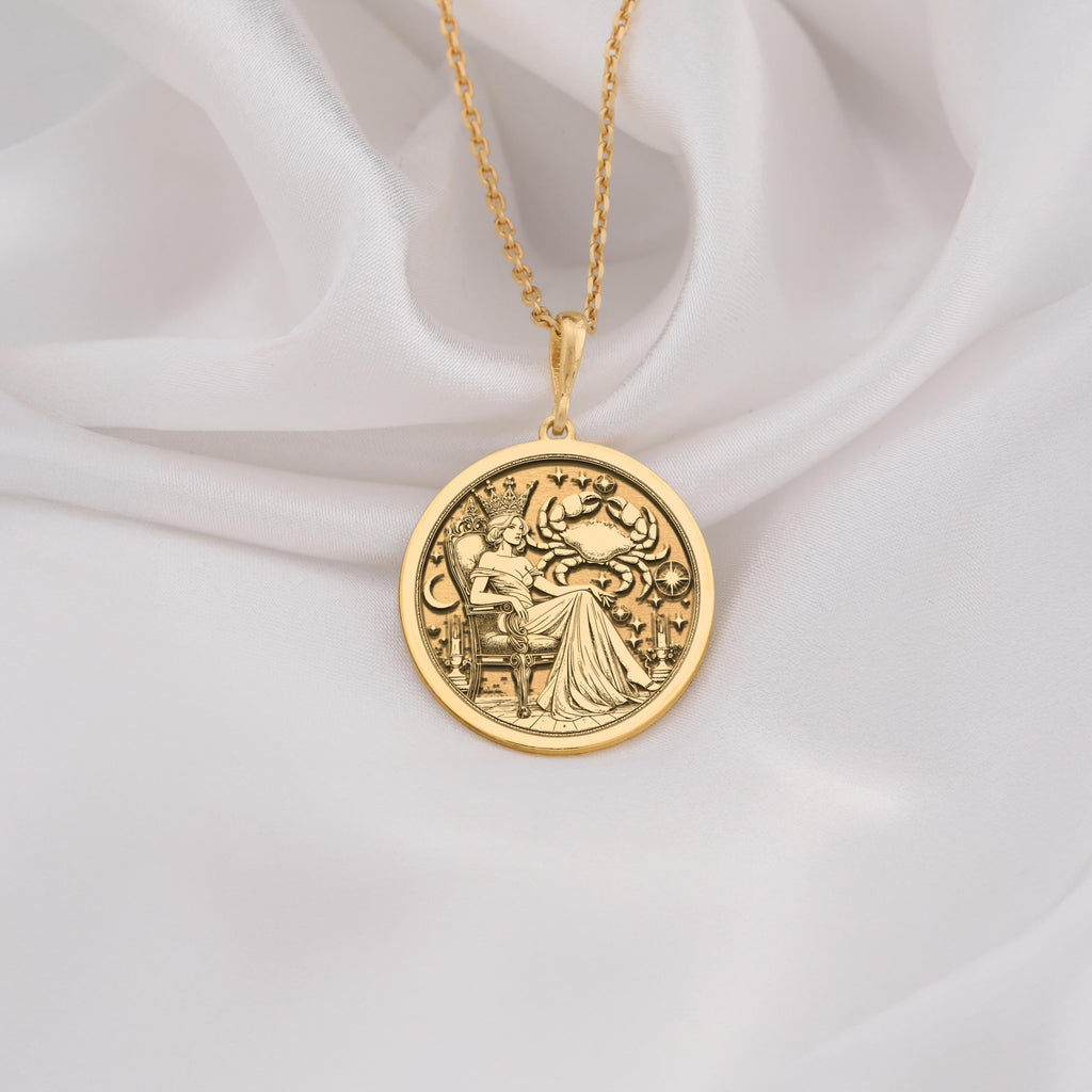 Cancer Zodiac Queen Medallion Pendants 14K 14K Gold Plated round pendant with an ornate classical scene design on a gold chain.