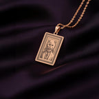 A Rose Gold Plated Scottish Fold necklace, displaying its warm, pinkish hue. The engraved art features a cat with distinctive folded ears and a gentleman's suit.