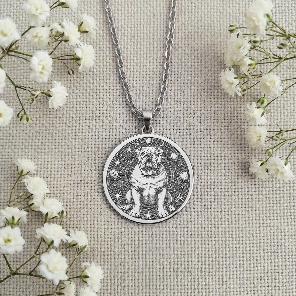 Celestial English Bulldog Medallion Pendants 925 925 Sterling Silver dog portrait pendant necklace with stars on a textured background.
