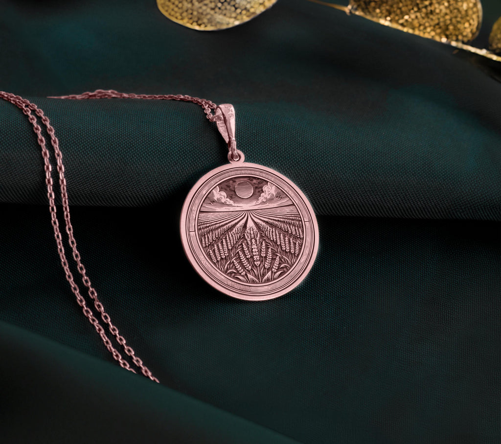 Rose Gold Plated floral necklace, featuring a detailed lavender garden medallion. A meaningful nature and relaxation pendant, perfect for those who love flowers and peace.