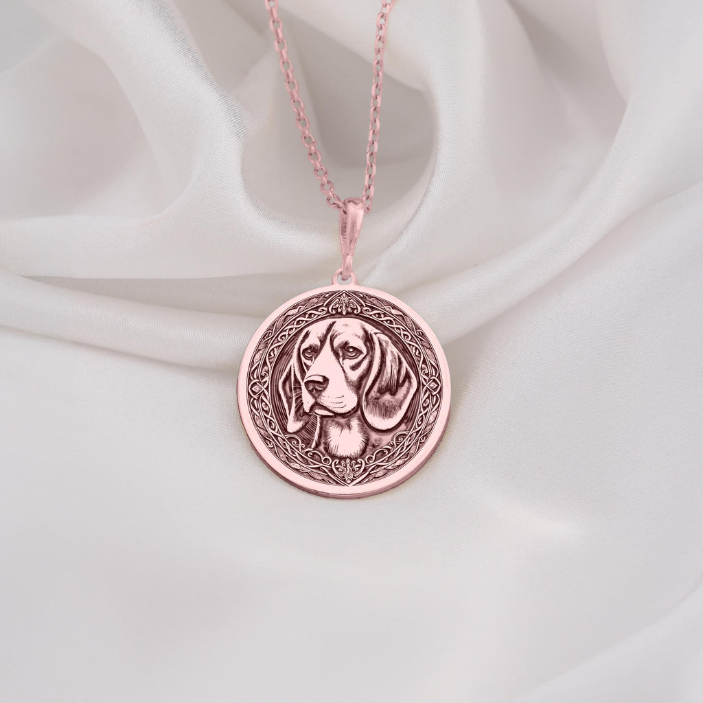 Charming Rose Gold Plated Beagle pendant necklace with fine detailing. A thoughtful dog lover gift, blending elegance and style for pet owners. Perfect for daily wear or special occasions, showcasing refined craftsmanship.