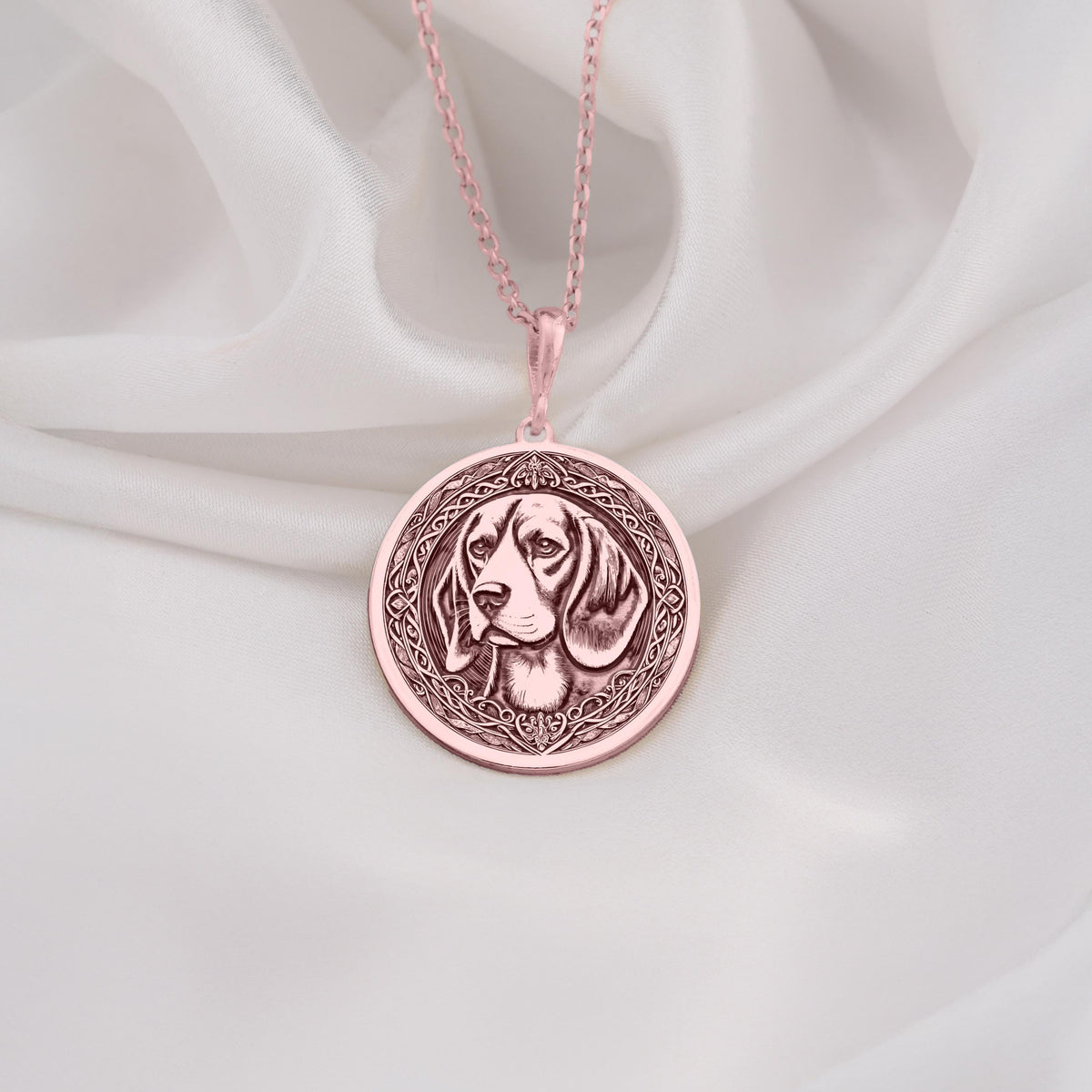 Charming Rose Gold Plated Beagle pendant necklace with fine detailing. A thoughtful dog lover gift, blending elegance and style for pet owners. Perfect for daily wear or special occasions, showcasing refined craftsmanship.