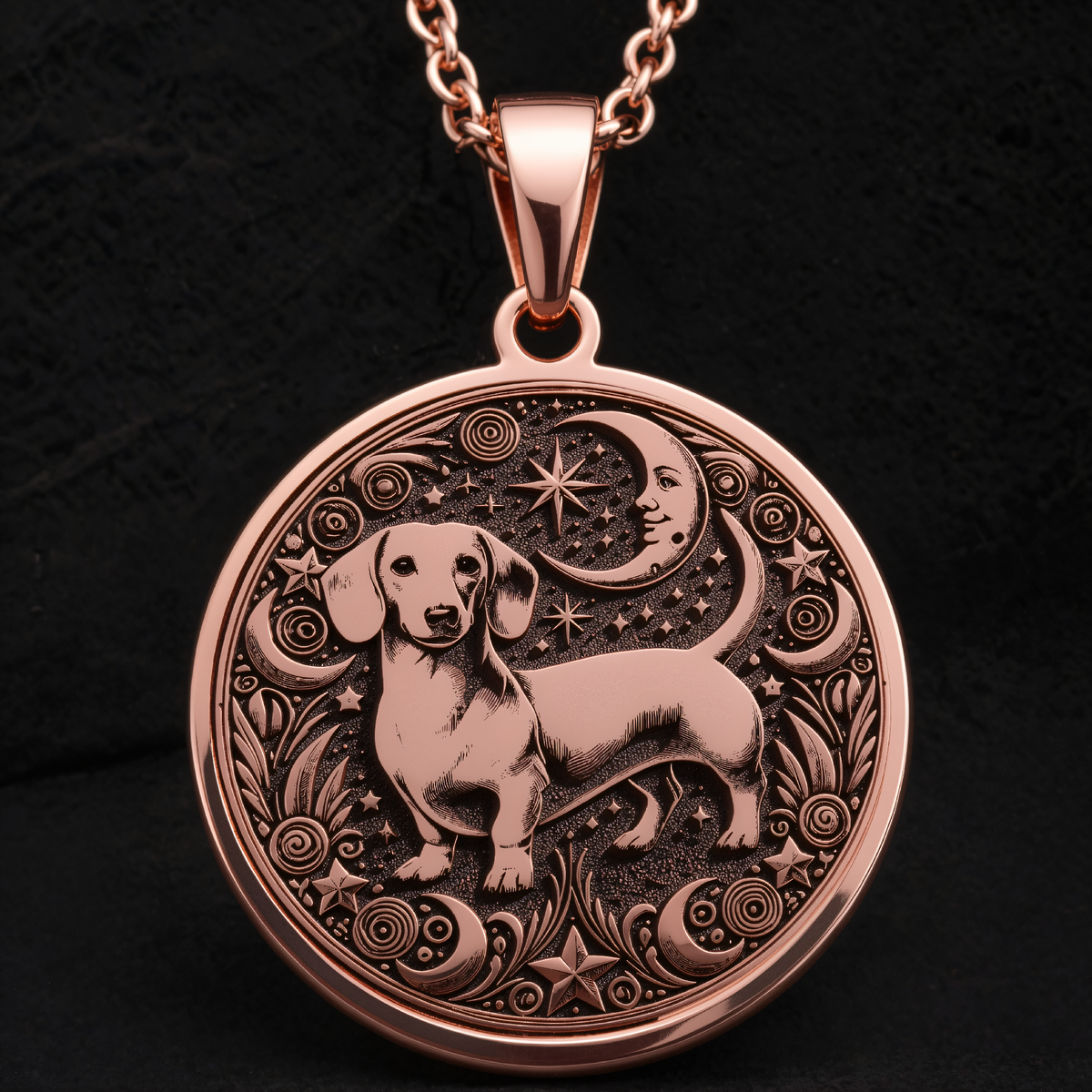 Dachshund Dog Pendant Necklace in a polished rose gold finish.