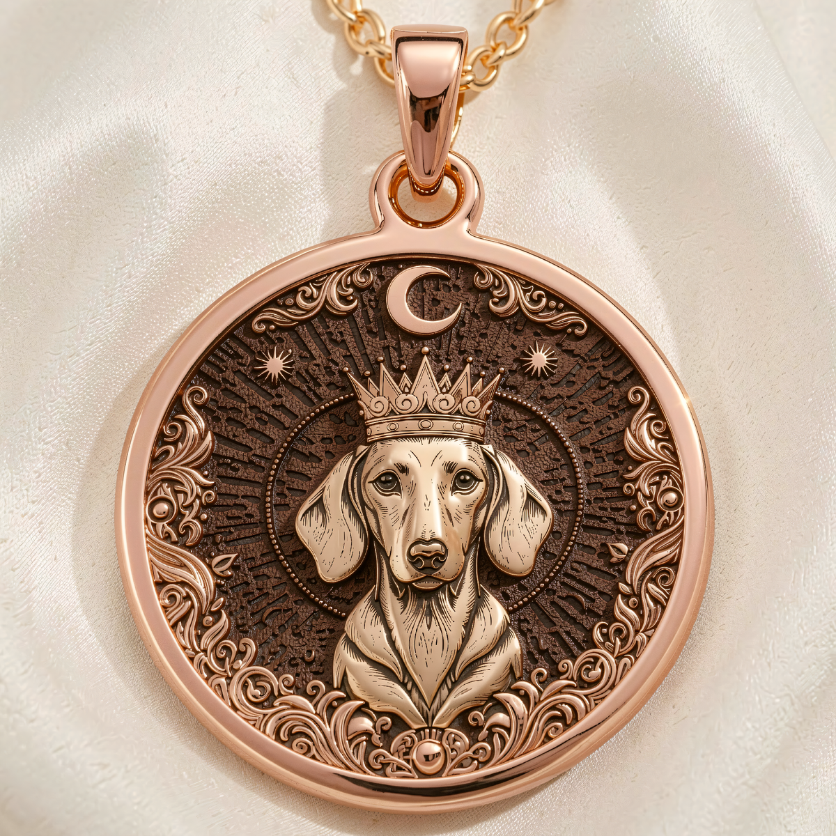 Dachshund King Portrait Pendant | Silver & Plated Options - Pet Memorial Spirit Animal - 14K Rose Gold Plated Front View