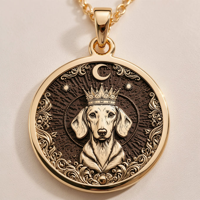 Gold plated pendant featuring a detailed portrait of a dachshund wearing a crown, set within an ornate circular frame with intricate scrollwork. The pendant has a raised texture and is attached to a gold chain.