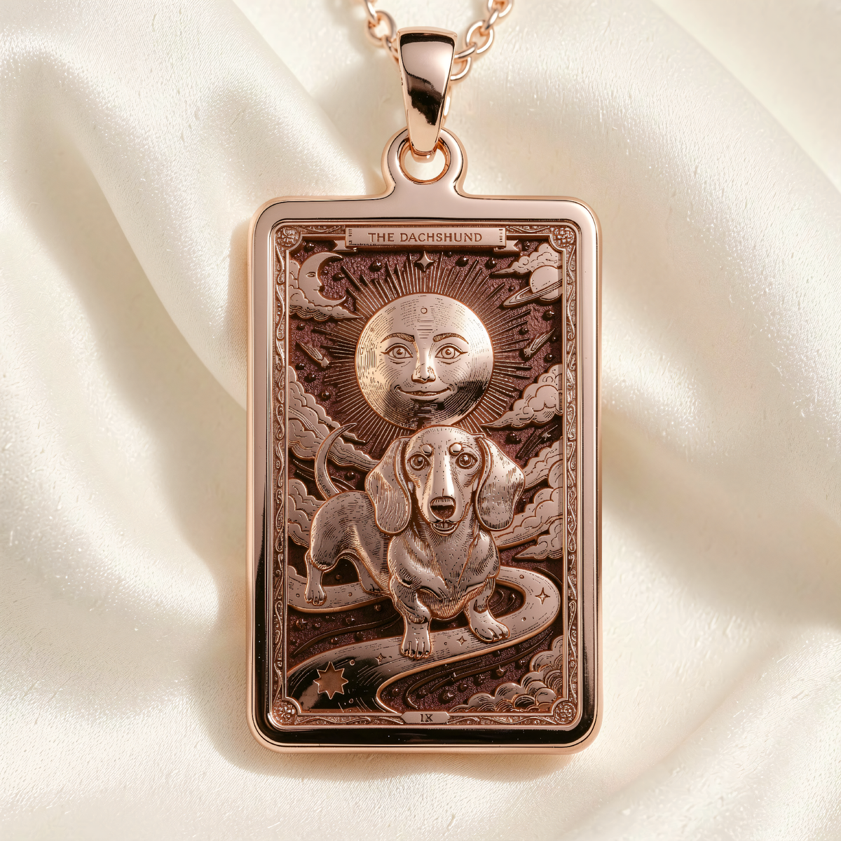 Dachshund Tarot Dog Mom Medallion | Silver & Plated Options - Pet Memorial Spirit Animal - 14K Rose Gold Plated Front View