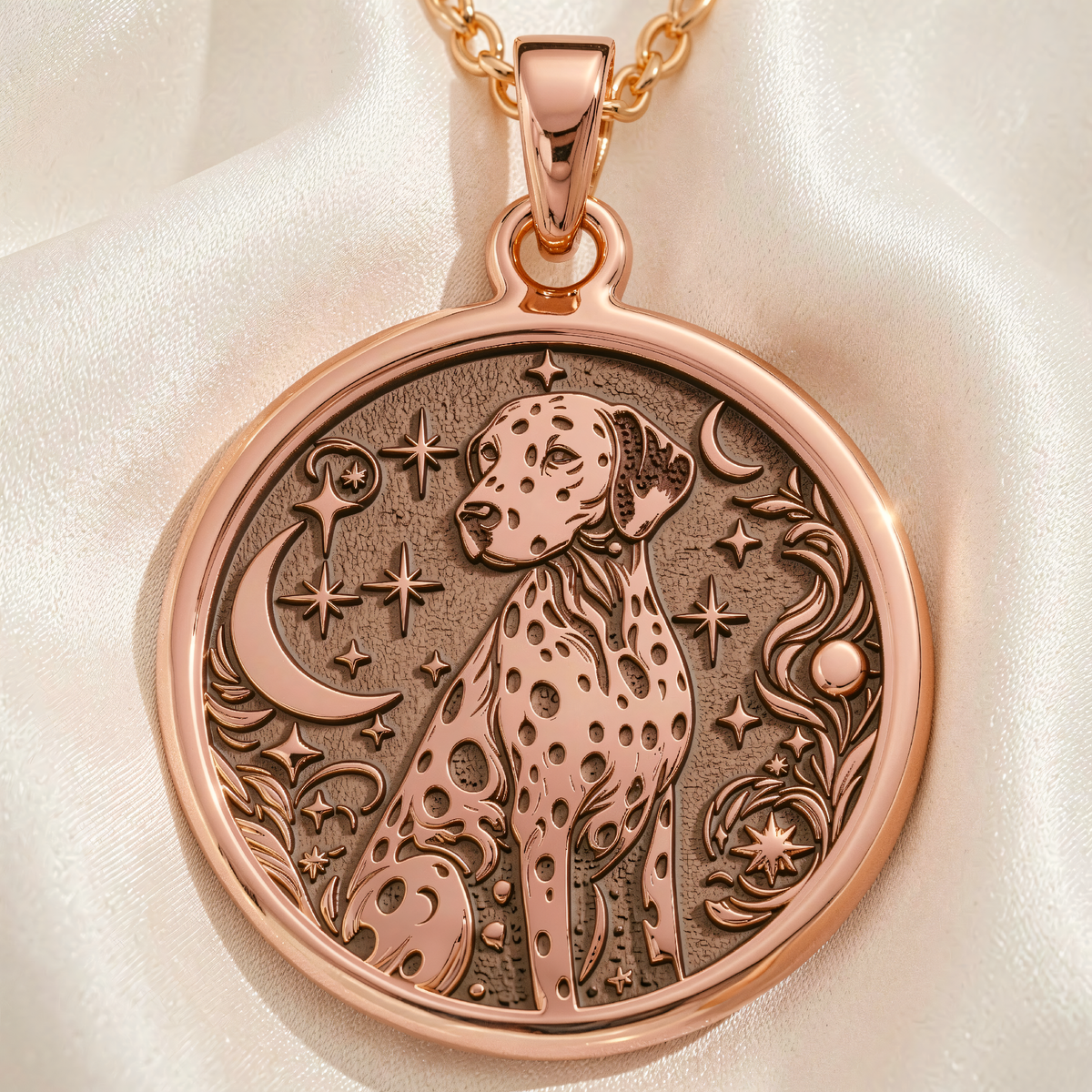 Dalmatian Medallion Necklace | Silver & Plated Options - Spirit Animal Wildlife Nature - 14K Rose Gold Plated Front View