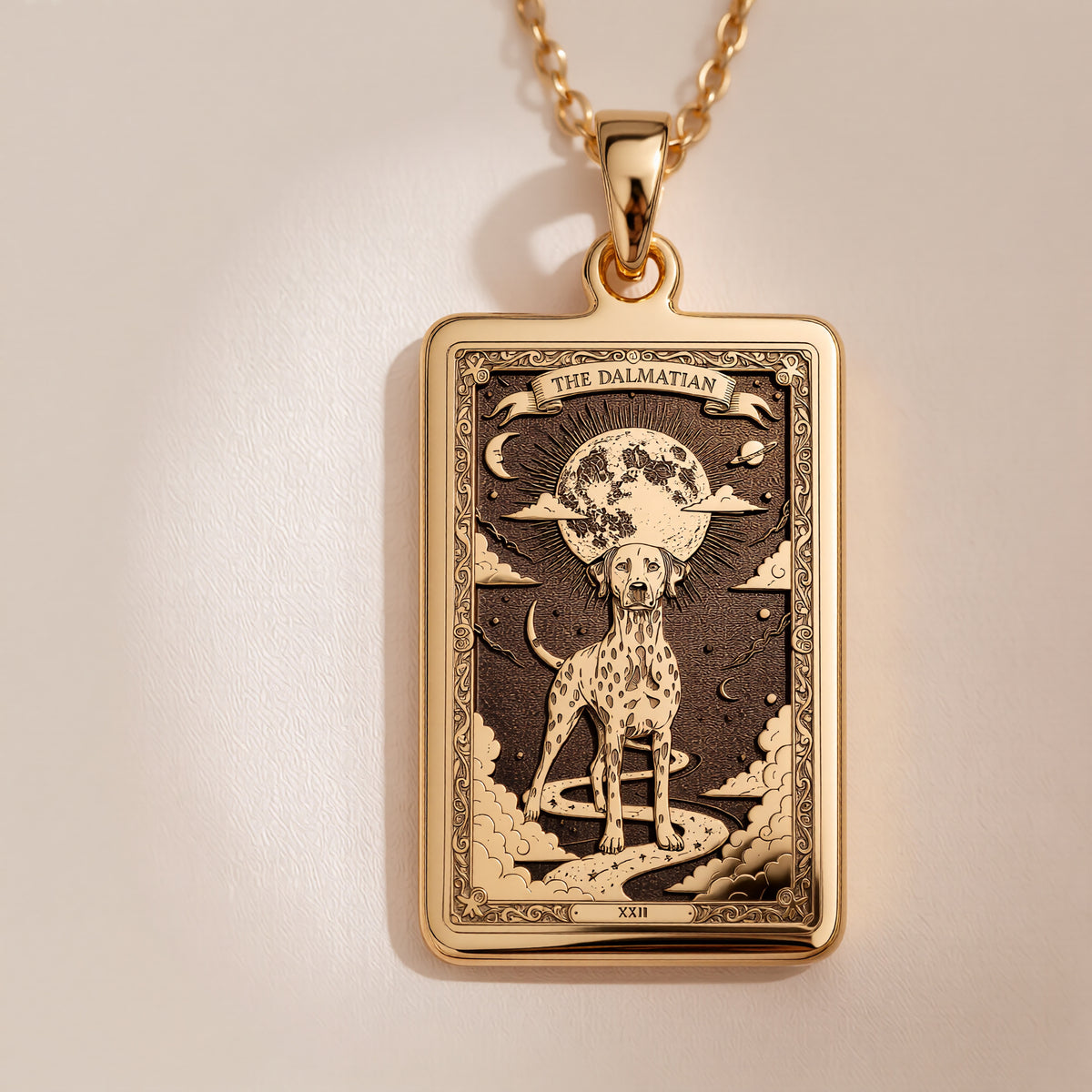 A polished 14K solid gold Dalmatian medallion. This fine pet jewelry represents the breed's unique beauty, making it a perfect Dalmatian lover gift.