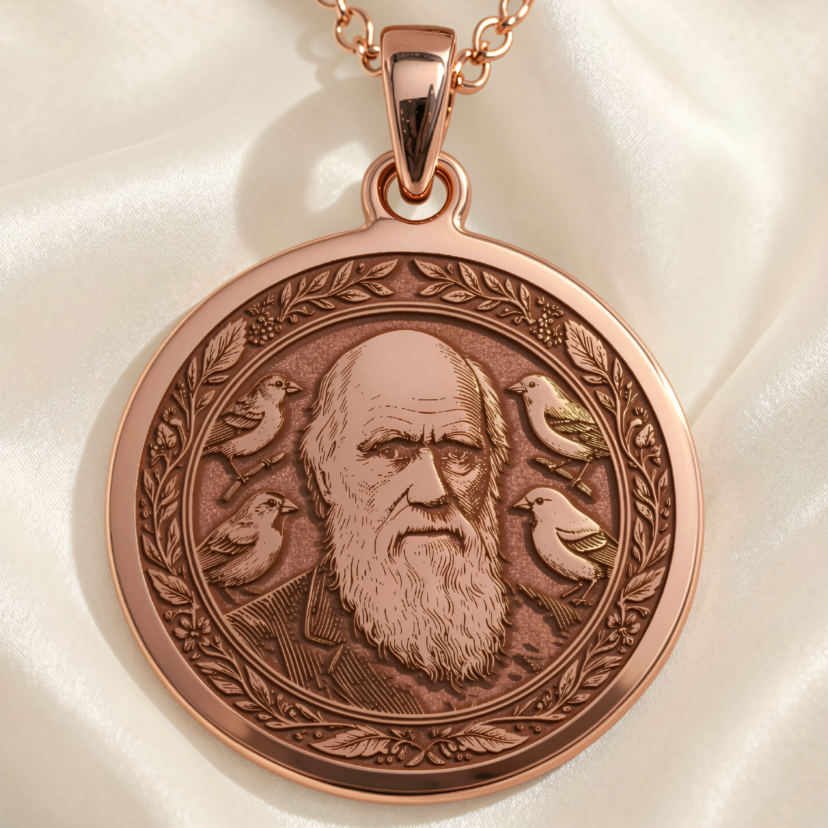 Darwin Evolution Coin Pendant | Silver & Plated Options - Ancient Mythology History Buff Gift - 14K Rose Gold Plated Front View