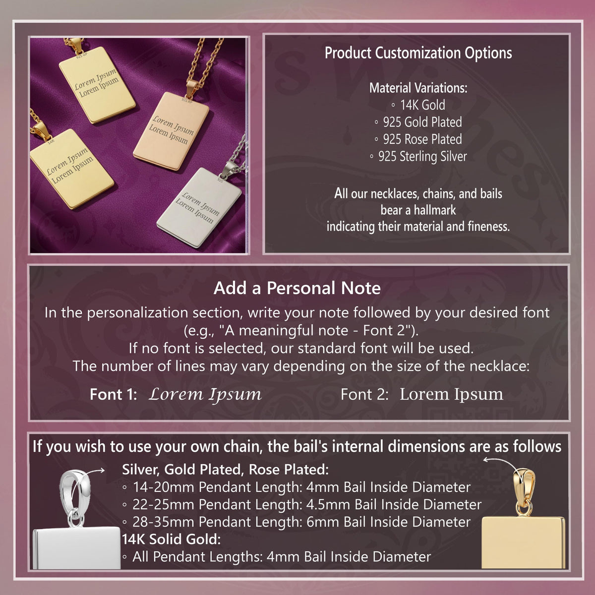 a variety of personalized necklace pendants, each with a unique design and material variation. The pendants are arranged on a purple background, showcasing their intricate details and craftsmanship. The image also includes instructions for customizing necklaces, chains, and balls, as well as information about the materials used and the standard font for writing personal notes.