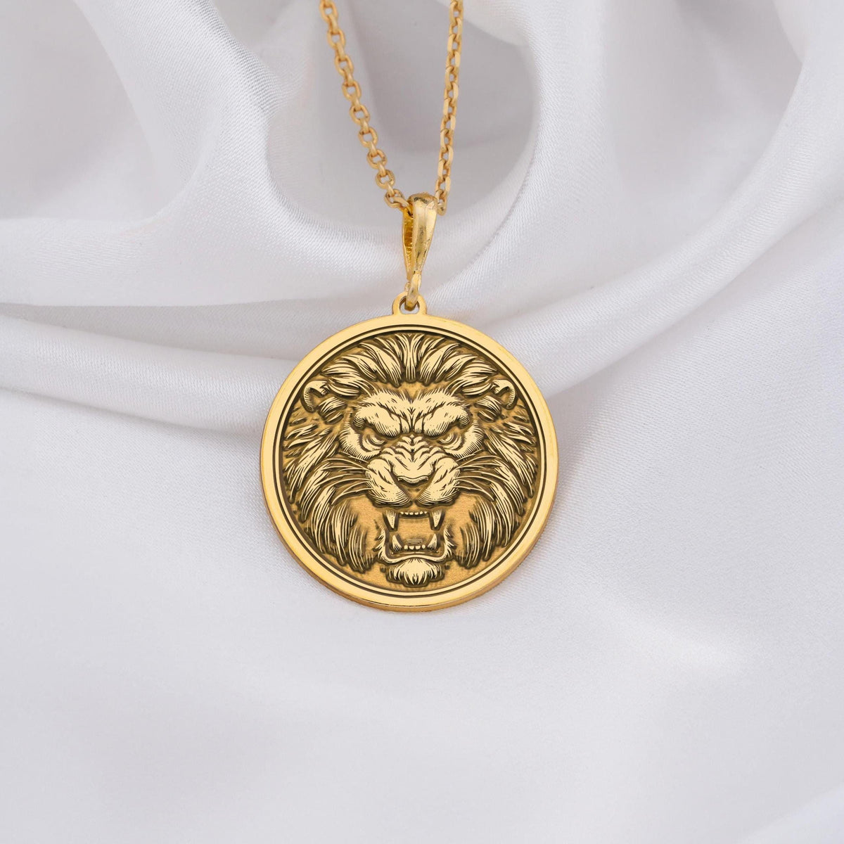 Handmade Jungle King Lion Pendant Necklaces 14K 14K Gold Plated lion face pendant necklace with round shape and detailed mane.