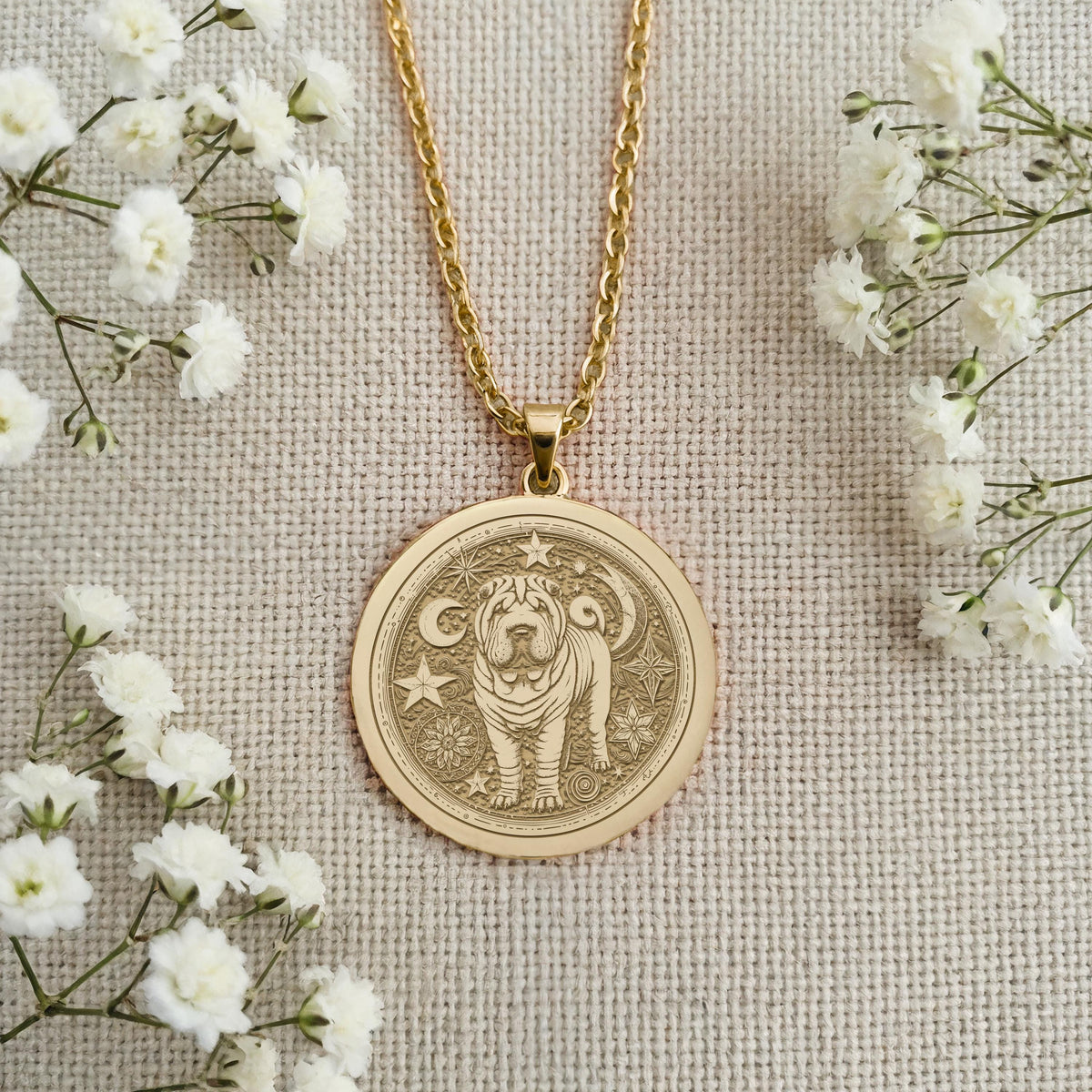 Celestial Moon & Star Shar Pei Medallion Pendants 14K 14K Gold Plated tone pendant necklace featuring a lion face design with stars on a round disc.