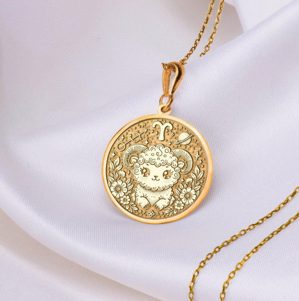 Zodiac Round Chain, Aries Zodiac Pendant, Aries Coin Necklace , Aries horoscope Charm, Real gold Zodiac Gold, Solid Gold Zodiac Aries, Horoscope Aries Chain, gold birthday gift, Silver Aries necklace, Silver Aries PEndant, Silver Aries Chain