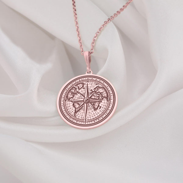 World Compass coin rose gold pendant necklace, Globe traveler charm, Travel-inspired jewelry, Explorer compass necklace