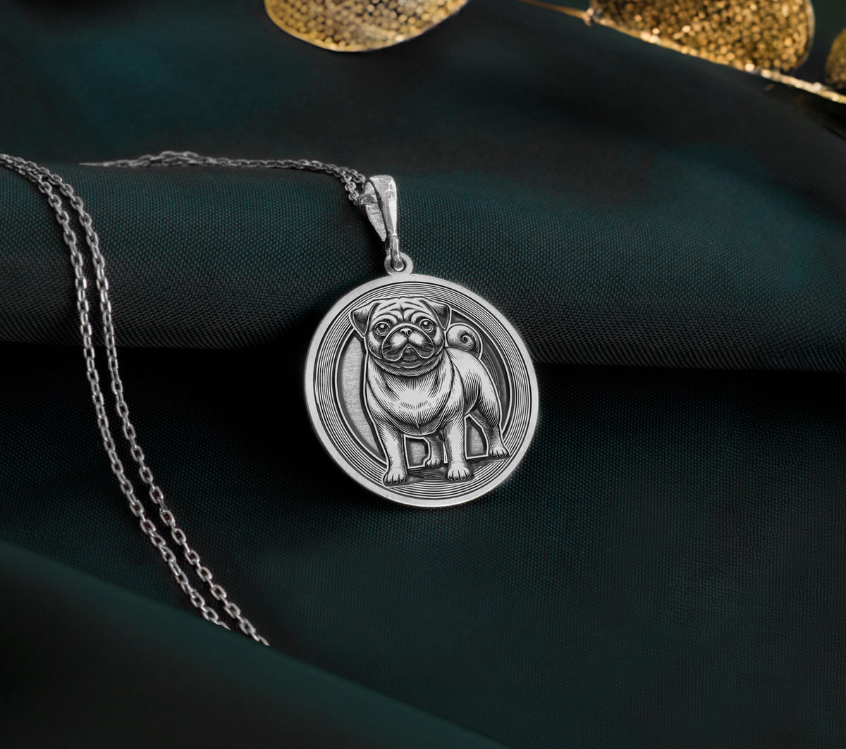 Silver 925 Sterling Silver Pug necklace, featuring a detailed dog engraving. A heartfelt pet lover’s pendant, perfect as a silver pet memorial charm, celebrating the love and loyalty of Pugs.