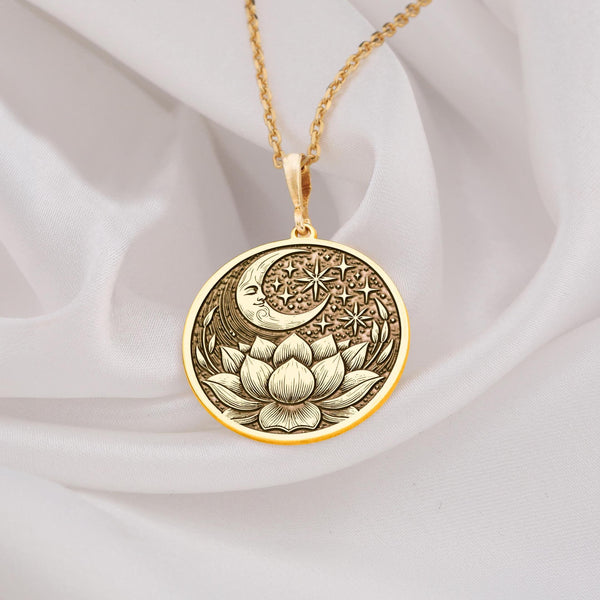 14k Gold Lotus Crescent Moon Necklace pendant, handmade spiritual jewelry for women. Elegant boho style, minimalist celestial pendant, perfect gift for her. Yoga-inspired design, crafted with care for timeless sophistication.