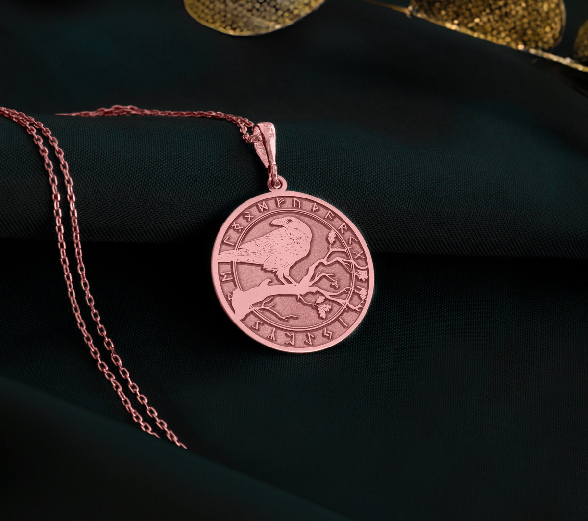 14K Solid Gold Raven Charm Necklace, Crow Silver Pendant, Rose Gold Corvus Necklace, Bird Jewelry, Celtic Mythology, Wisdom Medallion Charm