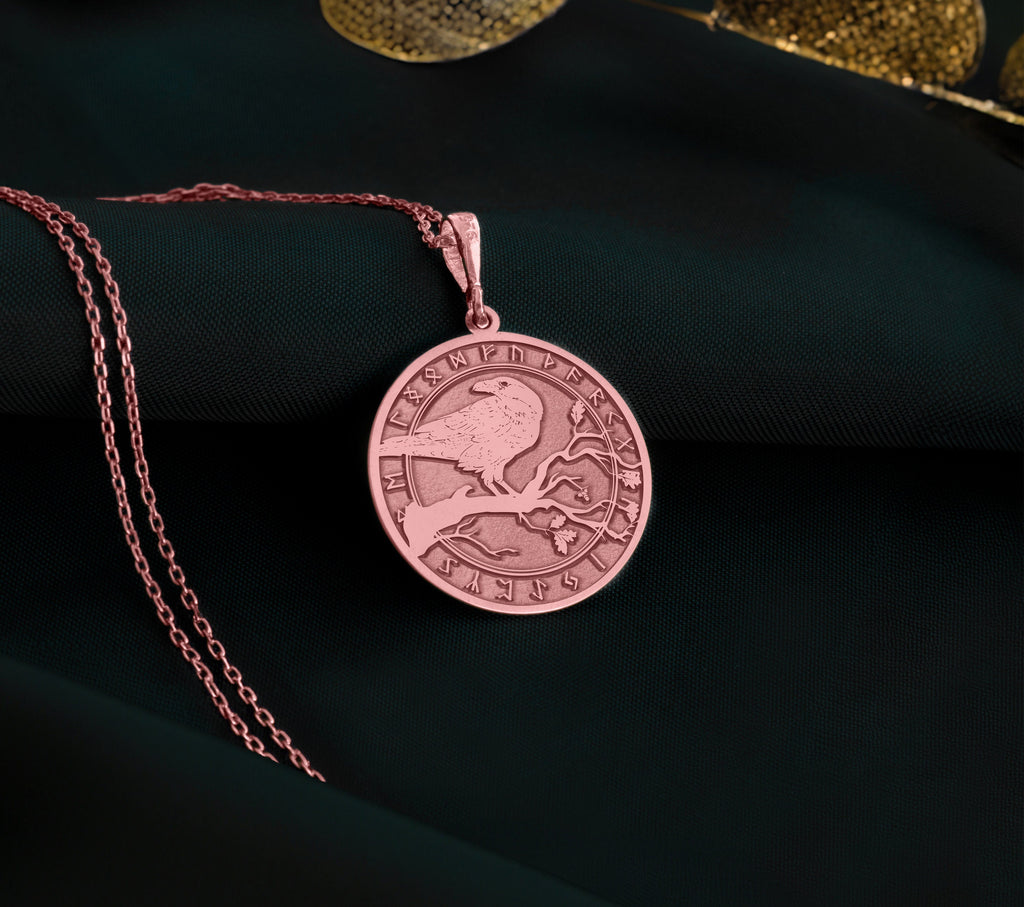 14K Solid Gold Raven Charm Necklace, Crow Silver Pendant, Rose Gold Corvus Necklace, Bird Jewelry, Celtic Mythology, Wisdom Medallion Charm