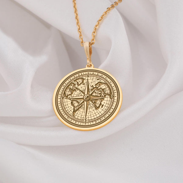 Gold World Compass coin pendant necklace, Globe traveler charm, Travel-inspired jewelry, Explorer compass necklace