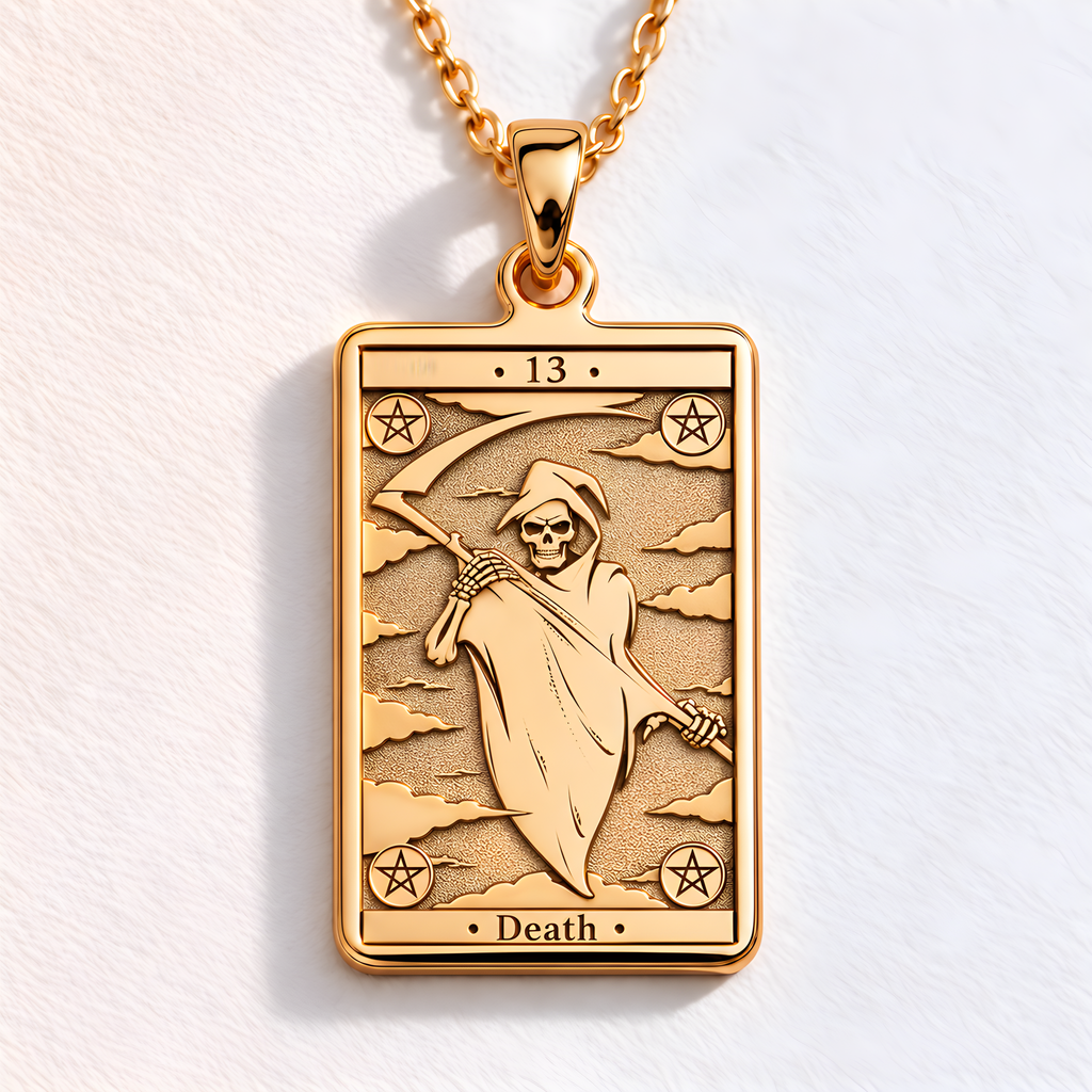 Death Tarot Major Arcana Pendant in a gold finish, shown from the front with detailed engraving on the pendant.