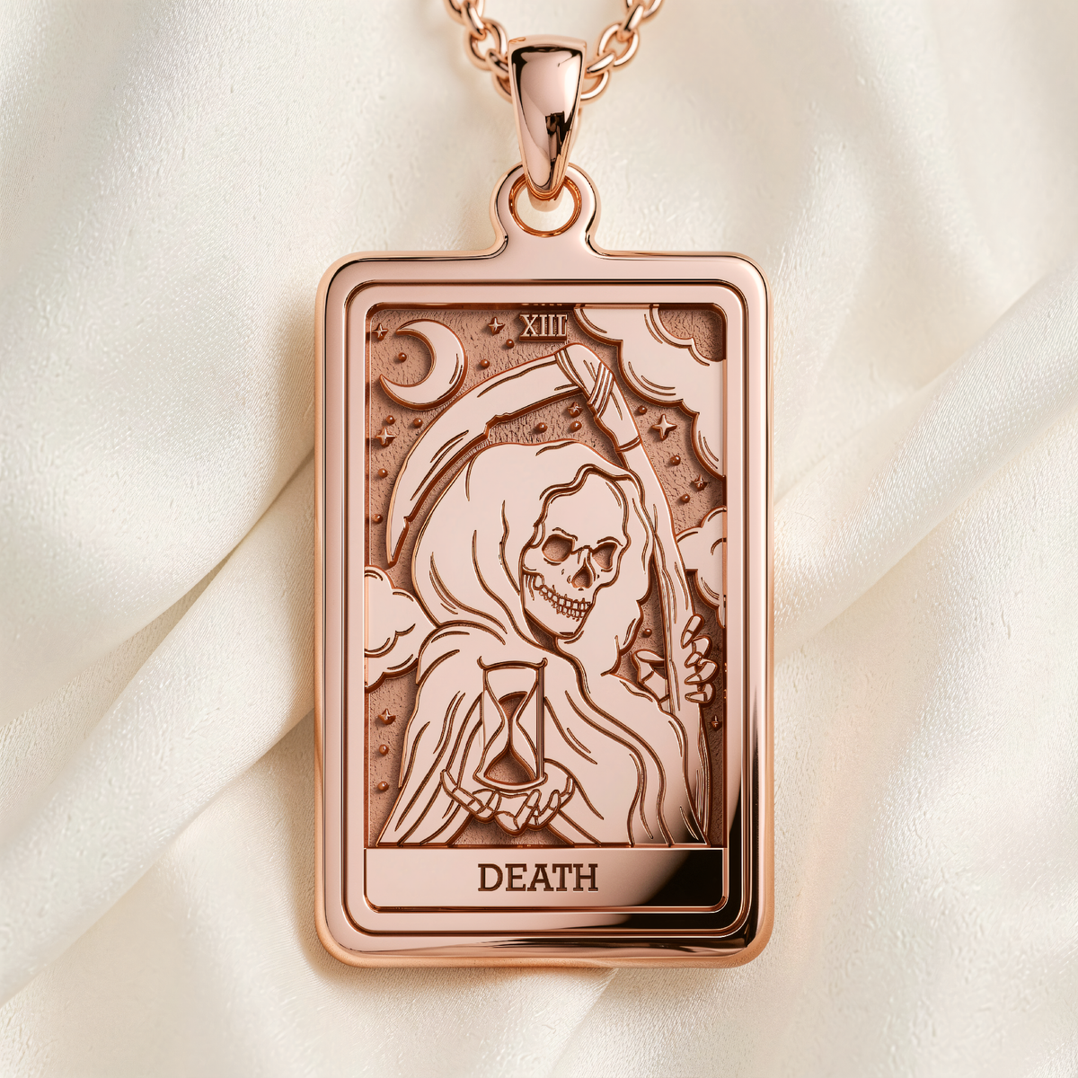 Death Tarot Rider Waite Necklace in rose gold plated rectangular pendant front view showing skeletal figure with hourglass.