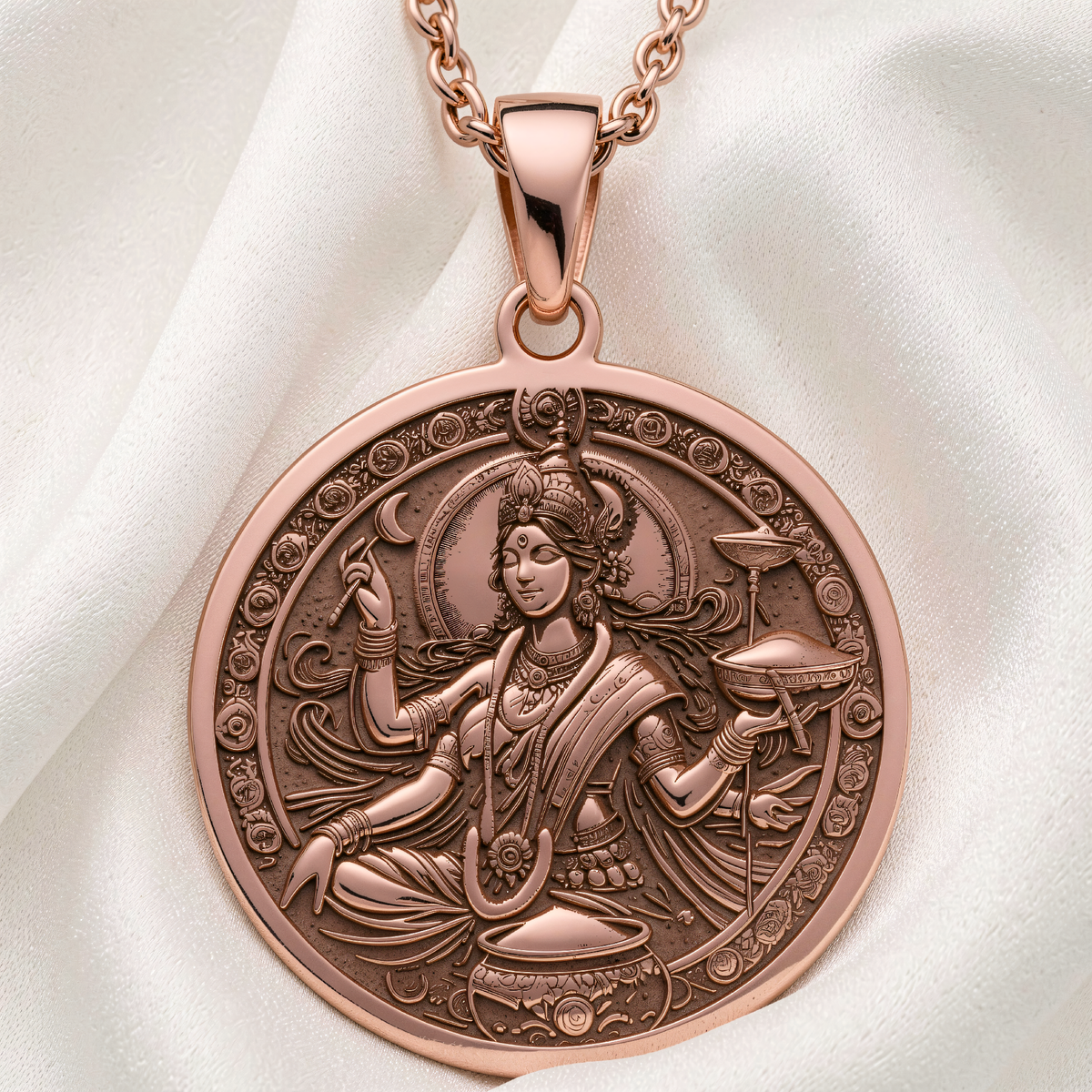 Devi Annapurna Goddess Pendant Necklace in 14K rose gold plated front view showing the deity seated with pot and ladle.