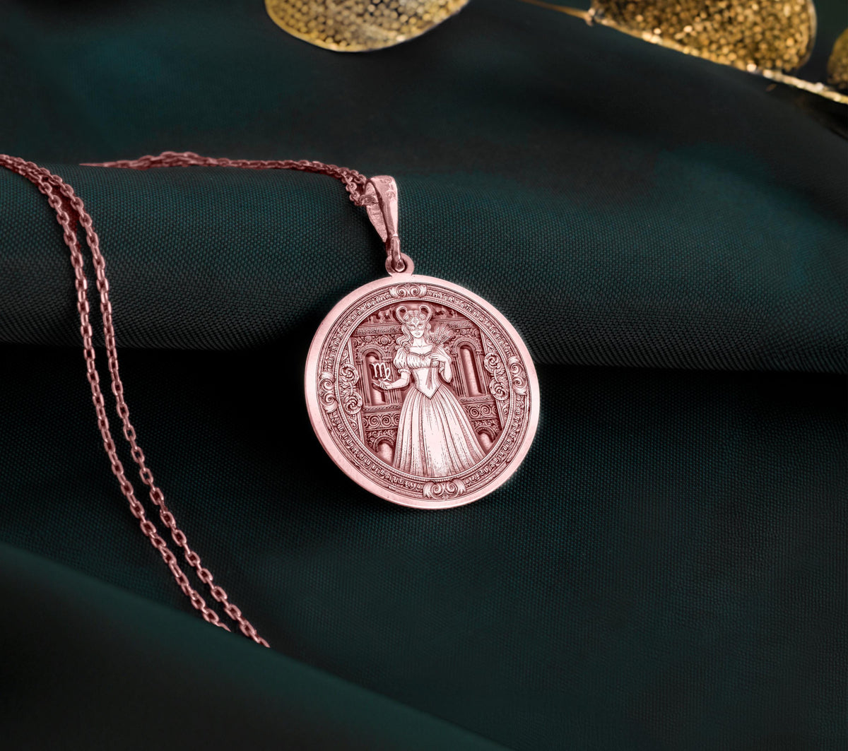 Virgo Woman Pendant with astrology design. Warm-toned Virgo constellation medallion featuring maiden with celestial elements and wheat sheaf. Zodiac jewelry celebrating Virgo wisdom, perfect birth sign gift.