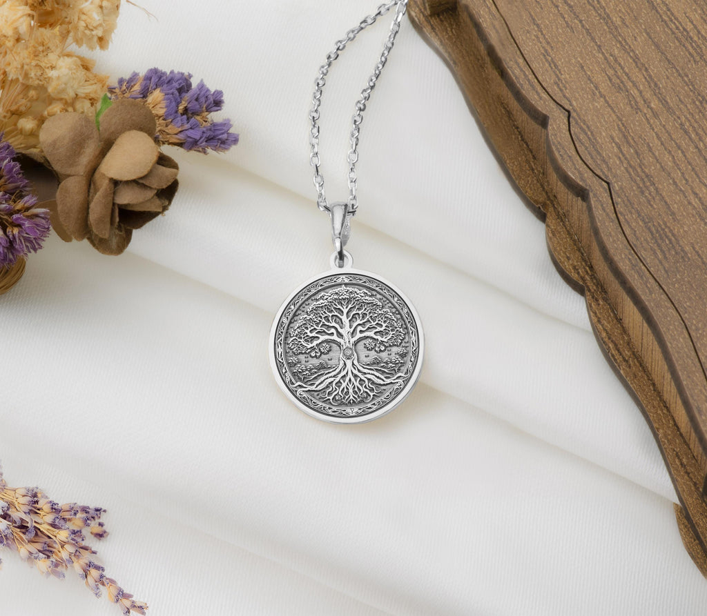 Silver Tree of Life Pendant, Silver Yggdrasil Necklace, Silver Bodhi Tree Jewelry, Silver Tree of Knowledge Charm, Silver Kalpavriksha Pendant, Silver Spiritual Necklace, Silver Cosmic Tree Jewelry, Silver Symbolic Growth Charm, Silver Nature Pendant