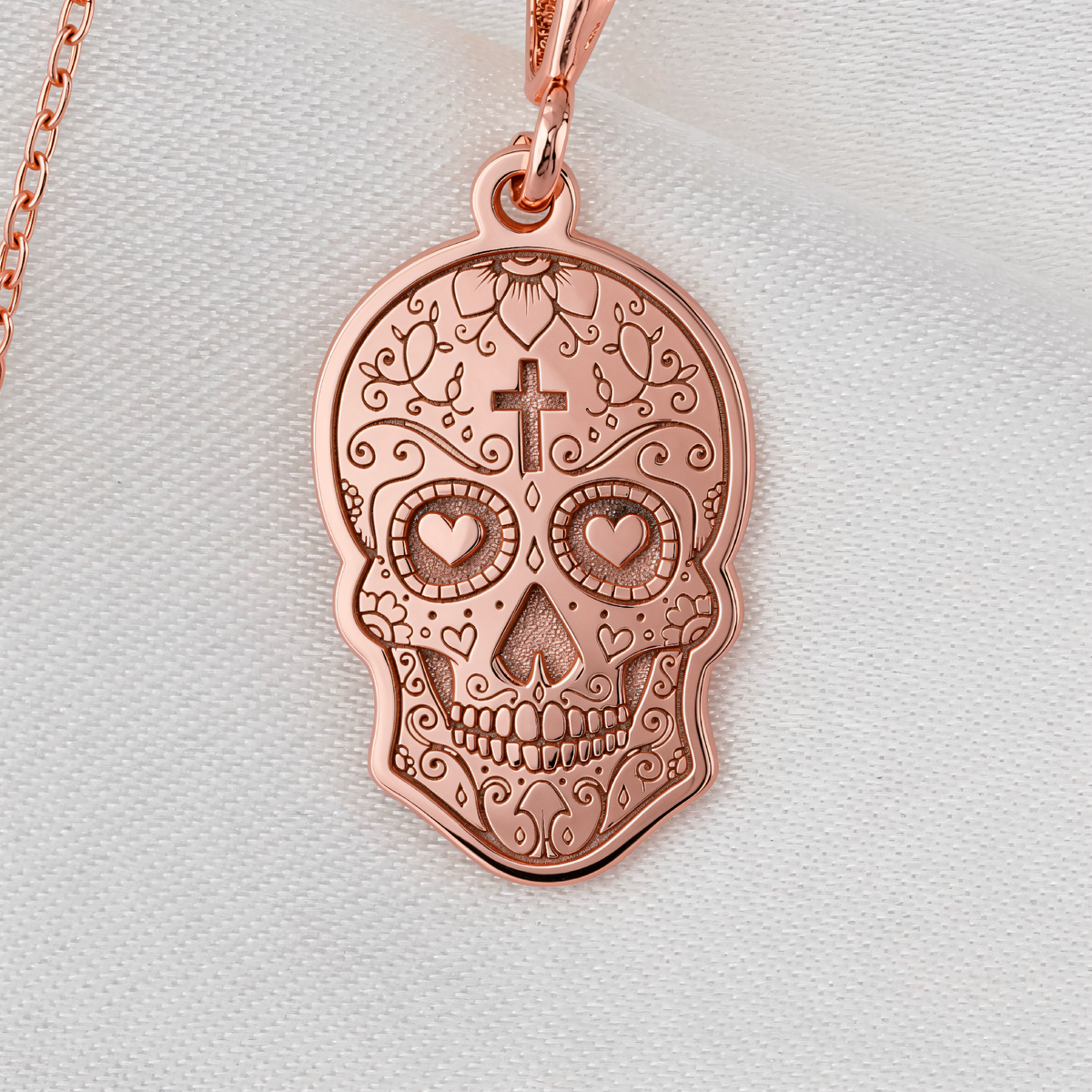 Dia de los Muertos Pendant Necklace - Memento Mori Gothic in a polished rose gold finish.