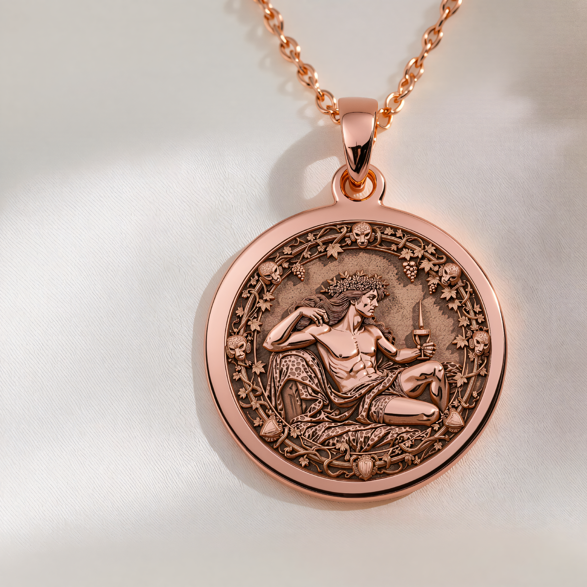 Dionysus Necklace - Greek God of Wine Coin Pendant in a polished rose gold finish.