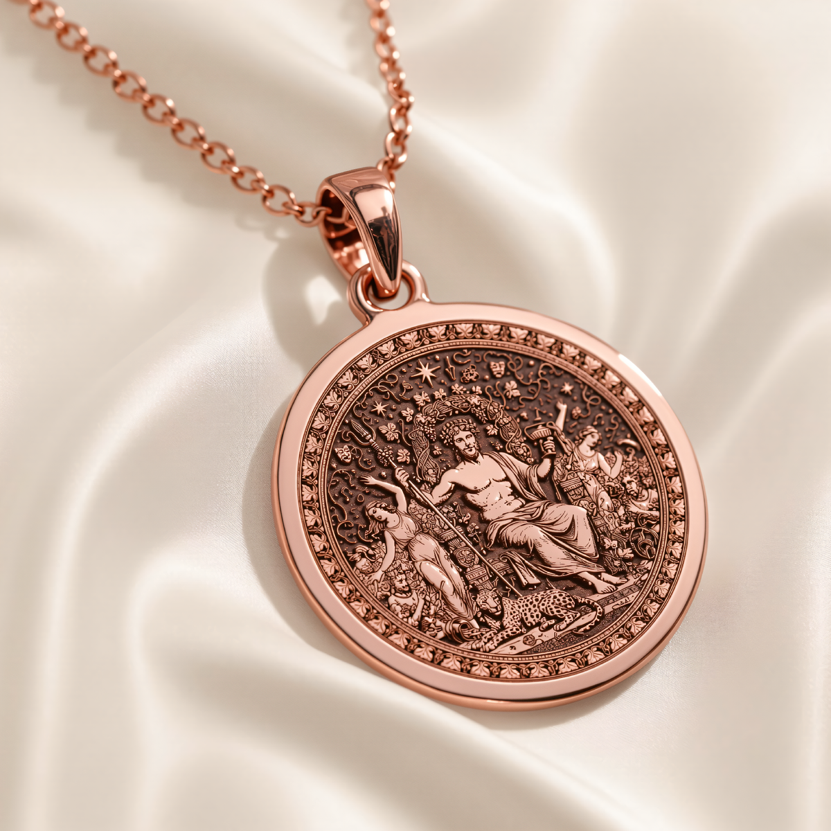 Dionysus God of Wine Pendant in a polished rose gold finish.