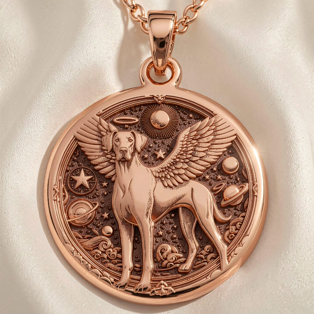 Doberman Angel Medallion Pet Memorial Necklace | Silver & Plated Options - Rainbow Bridge Spirit Animal - 14K Rose Gold Plated Front View