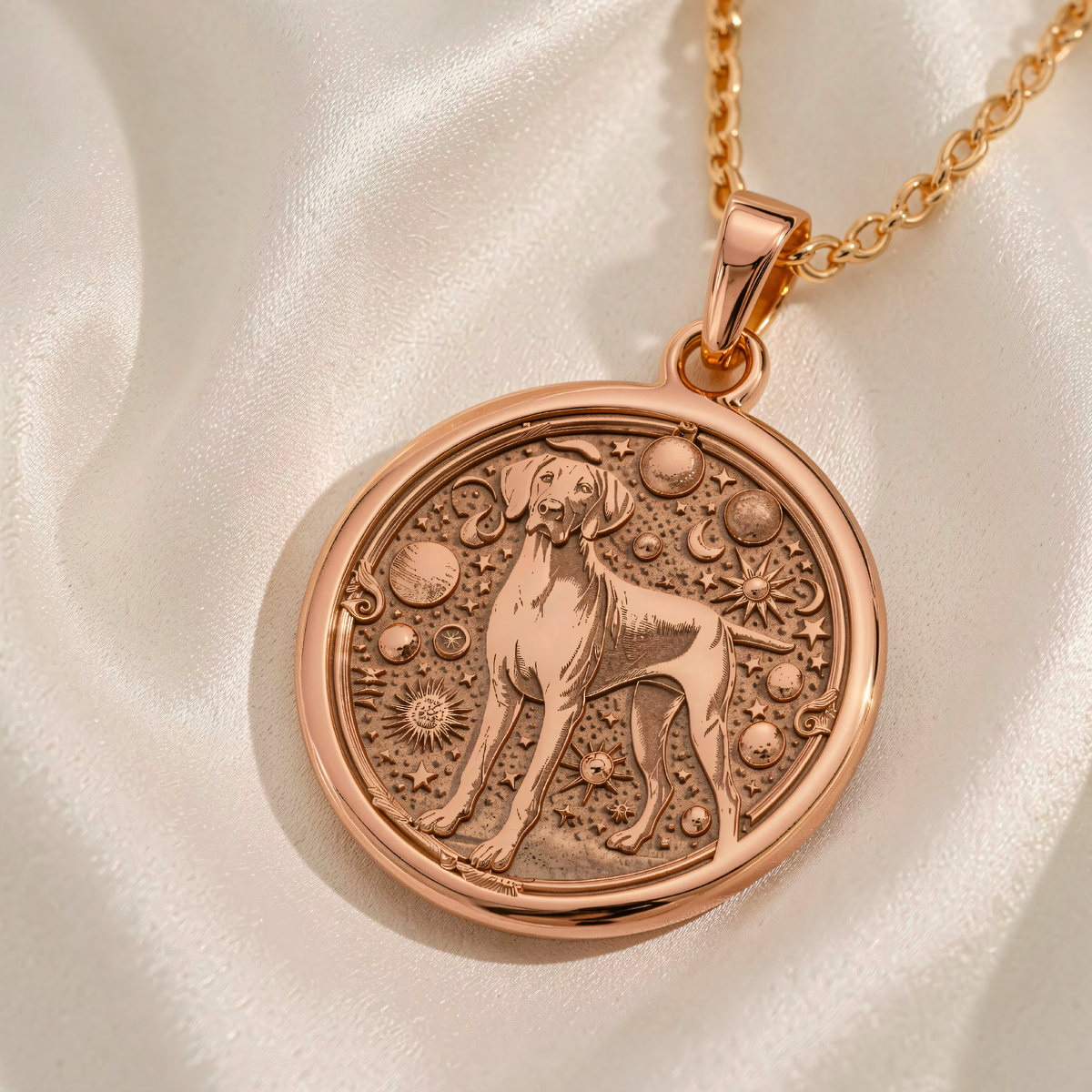 Doberman Dog Cosmic Medallion Necklace | Silver & Plated Options - Celestial Nighttime Sky - 14K Rose Gold Plated Front View