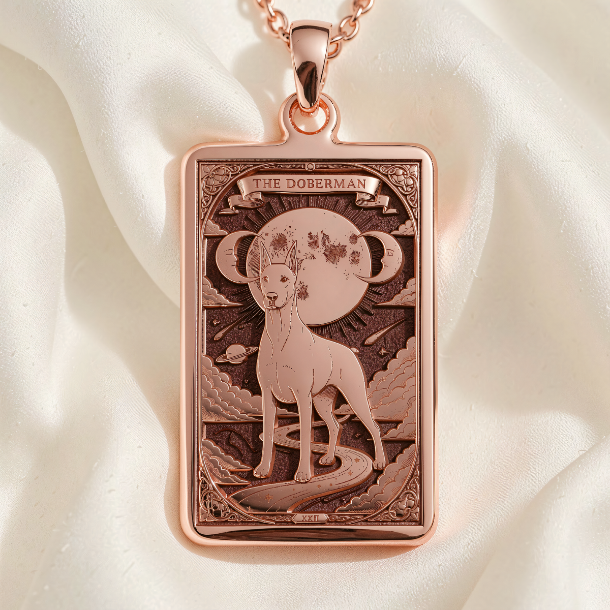 Doberman Pendant Necklace - Guardian Spirit Animal Charm - 14K Rose Gold Plated Front View