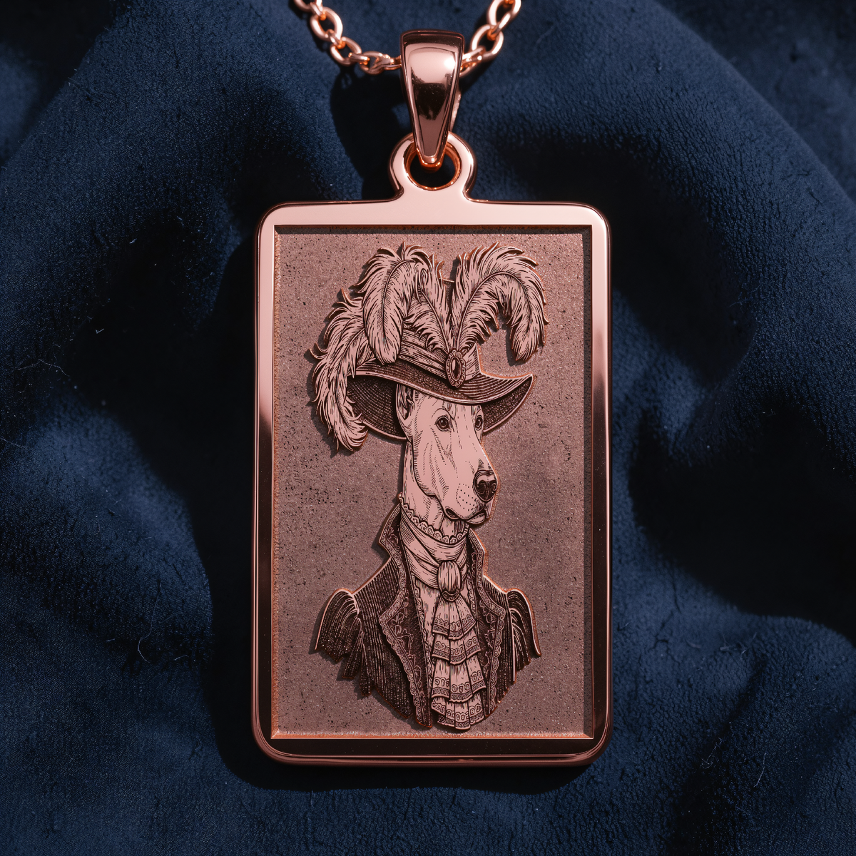 Doberman Portrait Necklace in a polished rose gold finish.