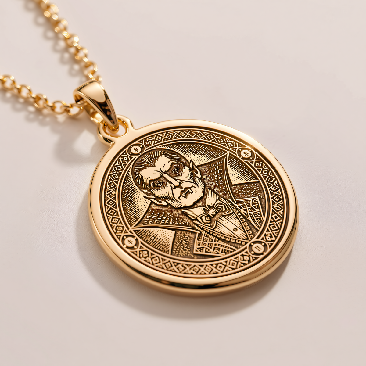 Dracula Vampire Gothic Necklace - 14K Solid Gold, Left Angle View
