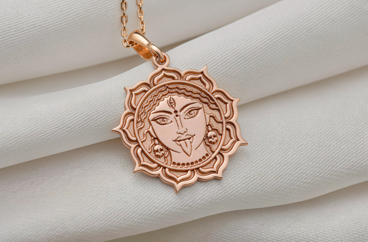 Durga Warrior Goddess Amulet Necklace in rose gold plated front view showing detailed facial features and lotus border.