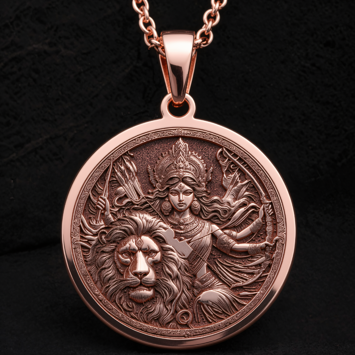 Durga Warrior Goddess Pendant in a polished rose gold finish.