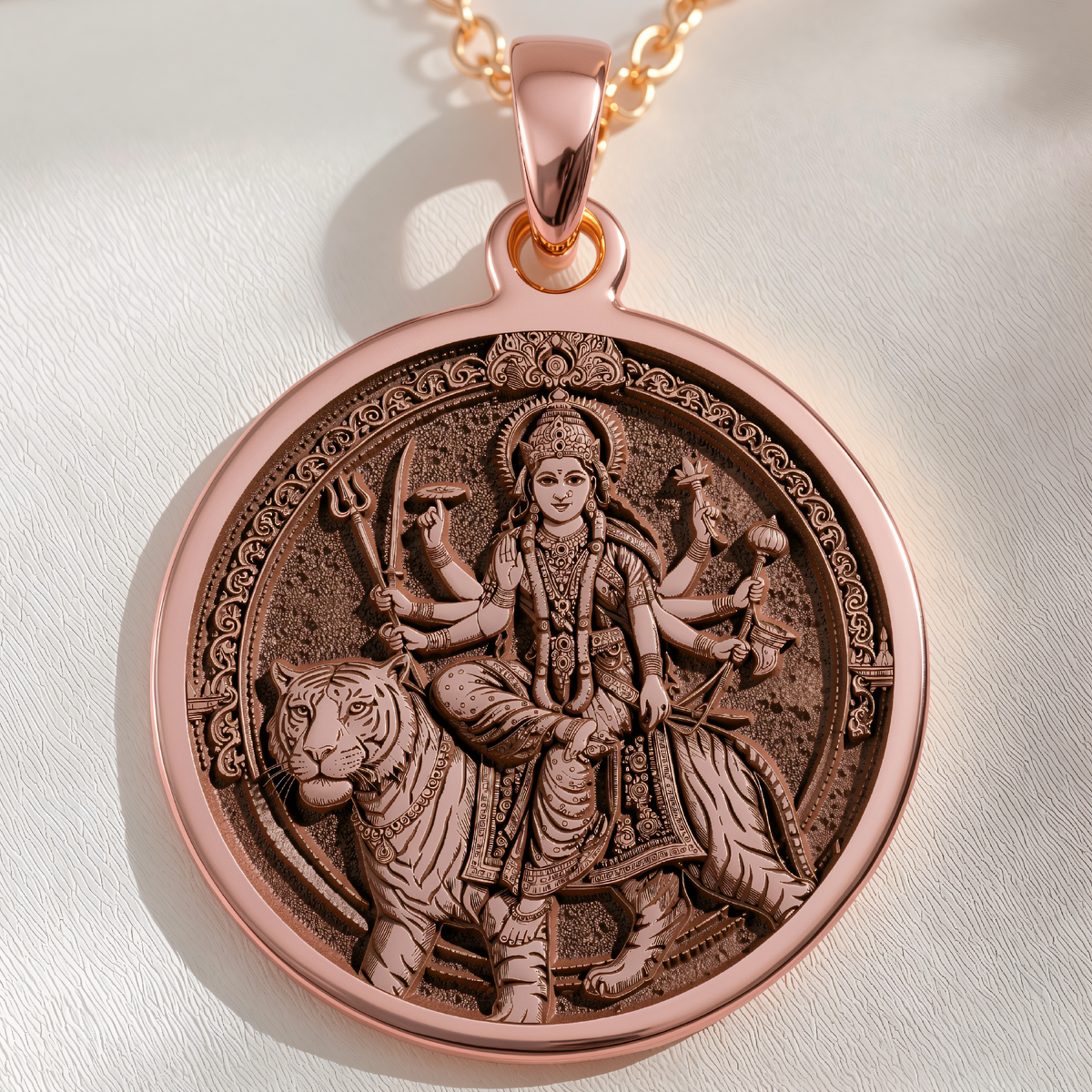 Durga Warrior Ten Arms Pendant in a polished rose gold finish.