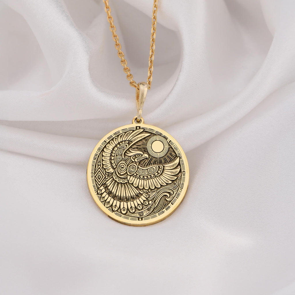 14K Solid Gold Thunderbird Necklace featuring a mystical totem design. Symbolizes protection, strength, and spiritual energy. Handmade tribal jewelry, perfect for meaningful gifts and daily wear. Elegant and timeless spiritual pendant.