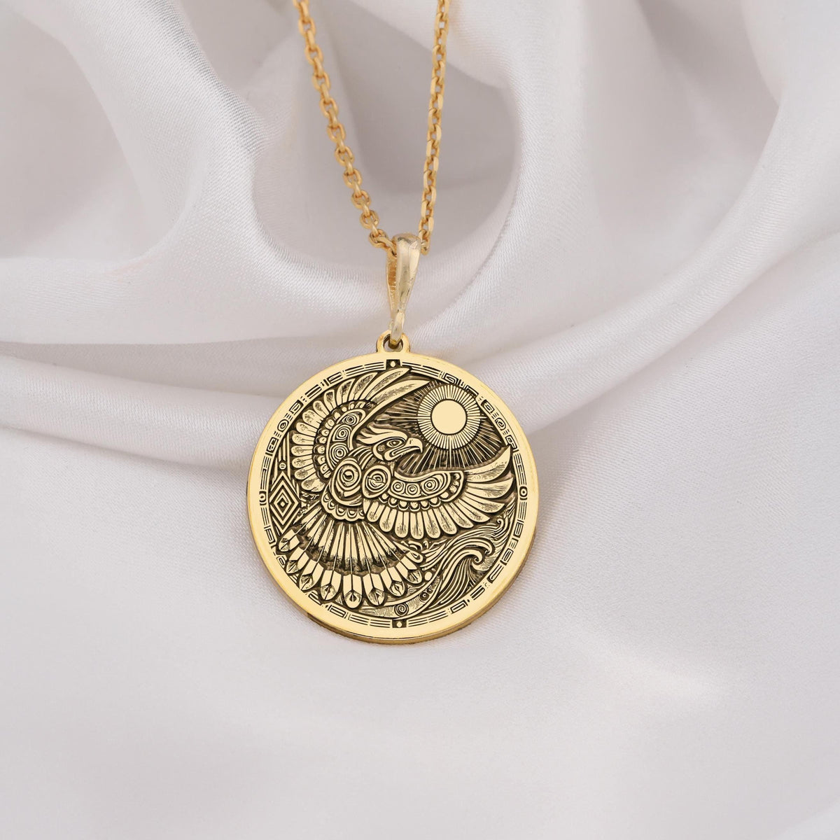 14K Solid Gold Thunderbird Necklace featuring a mystical totem design. Symbolizes protection, strength, and spiritual energy. Handmade tribal jewelry, perfect for meaningful gifts and daily wear. Elegant and timeless spiritual pendant.