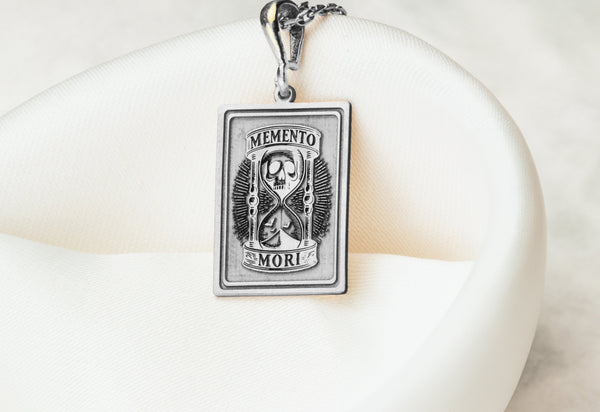 14K Solid Gold Memento Mori Hourglass Charm Necklace, Memento Mori hourglass Medallion, Silver Memento Mori Rose Gold Charm Locked Pendant