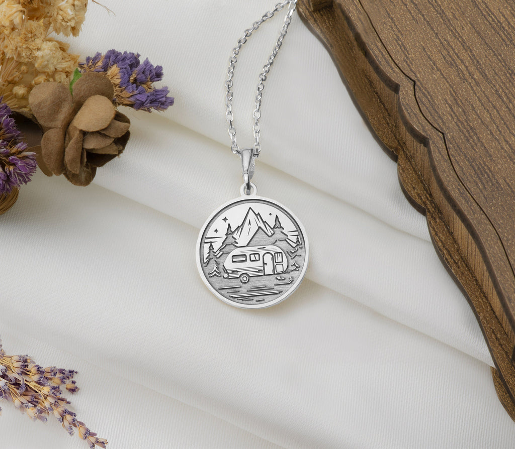 14K Solid Gold Camping Charm Necklace, Nature Silver Pendant, Rose Gold Fire Necklace, Camping Jewelry, Caravan Medallion, Relaxing Charm