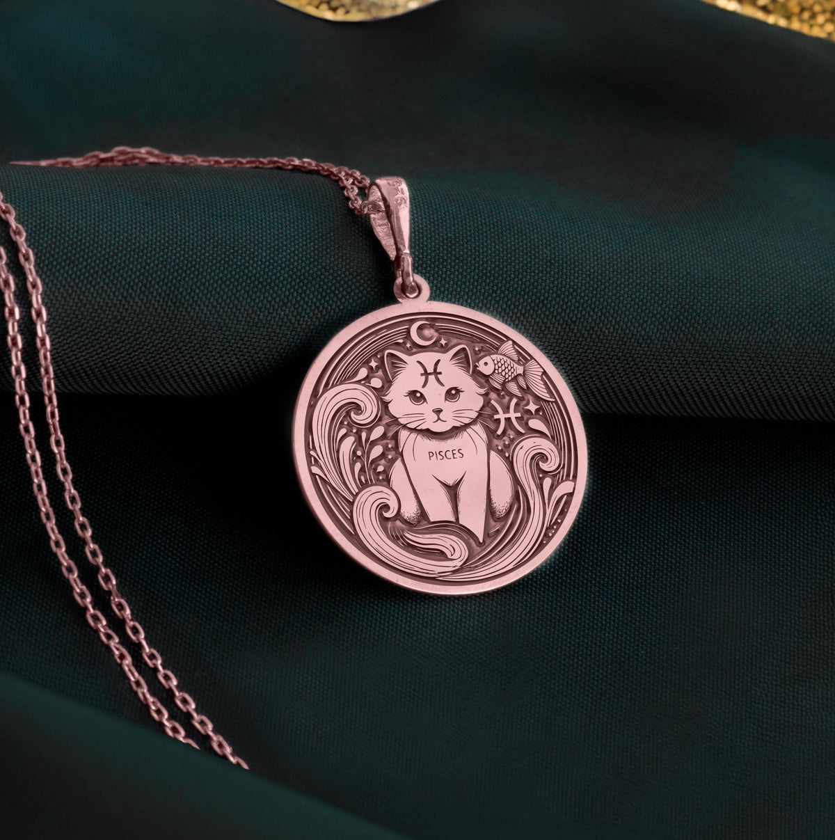 Rose gold plated Pisces Zodiac necklace with a unique handcrafted cat design pendant. Beautiful astrology jewelry gift for women, horoscope fans, and personalized birthday keepsakes.
