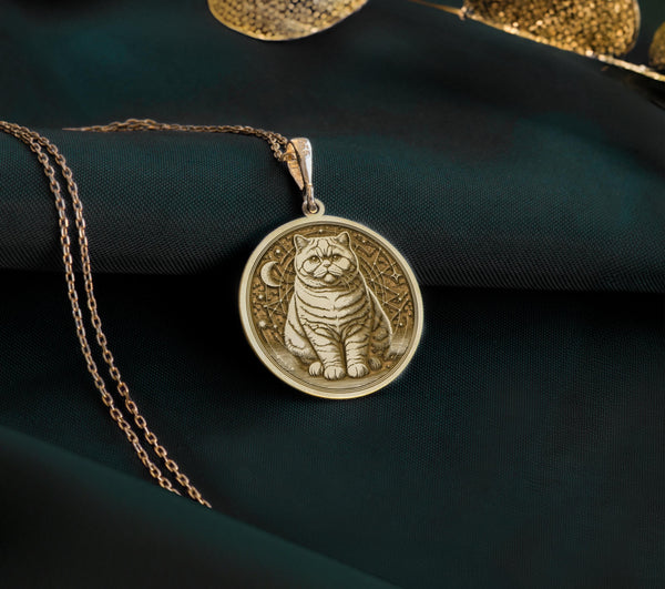 14K Gold Plated British Shorthair Cat Medallion with chubby-cheeked feline. Distinctive teddy bear-like domestic cat pendant with detailed plush appearance and sweet face. Elegant pet portrait jewelry gift representing calm loyalty.