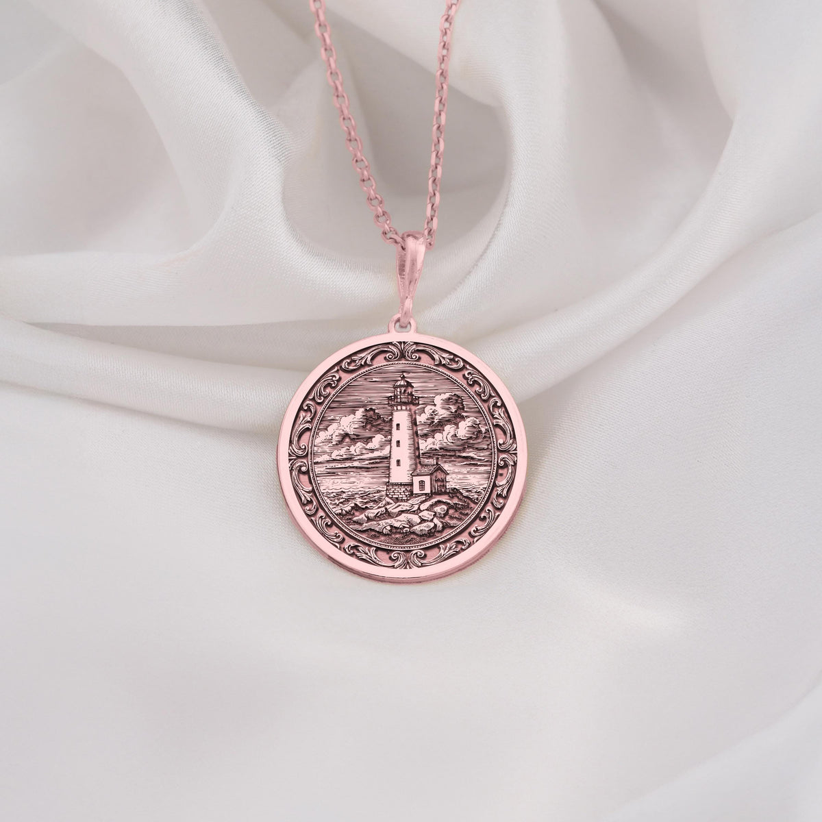 Lighthouse Coastal Beacon Medallion Pendant Necklaces Rose 14K Rose 14K 14K Rose 14K 14K Rose Gold Plated pendant necklace featuring a vintage lighthouse scene on a round disc.