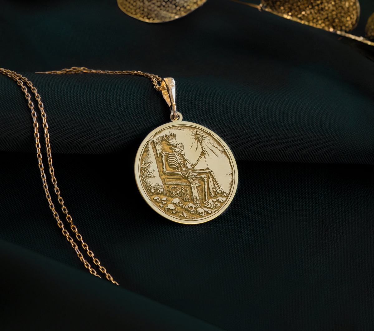 14K Solid Gold Skeleton Charm Necklace, Undead Silver Pendant, Rose Gold Throne Necklace, Royal Jewelry, Undead King Medallion, Throne Charm