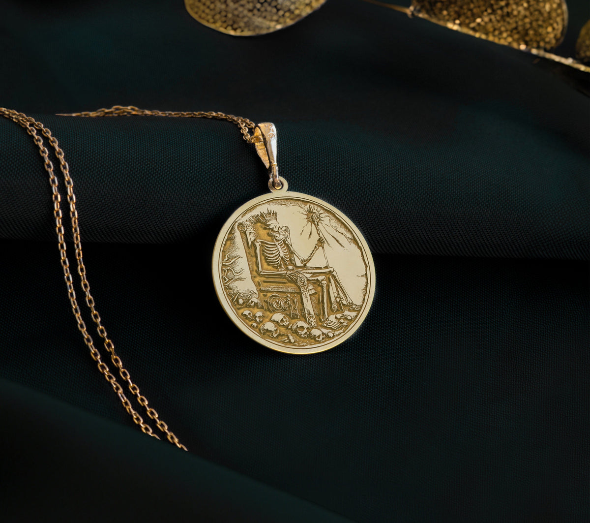 14K Solid Gold Skeleton Charm Necklace, Undead Silver Pendant, Rose Gold Throne Necklace, Royal Jewelry, Undead King Medallion, Throne Charm