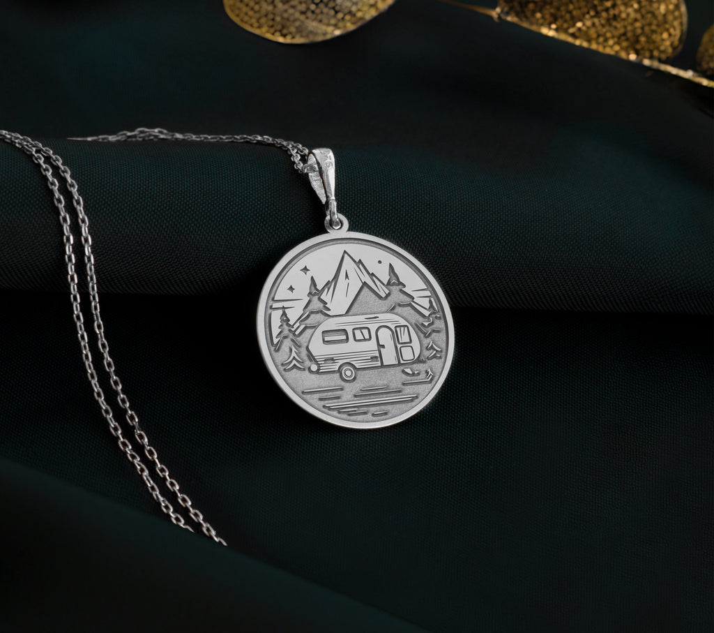 14K Solid Gold Camping Charm Necklace, Nature Silver Pendant, Rose Gold Fire Necklace, Camping Jewelry, Caravan Medallion, Relaxing Charm